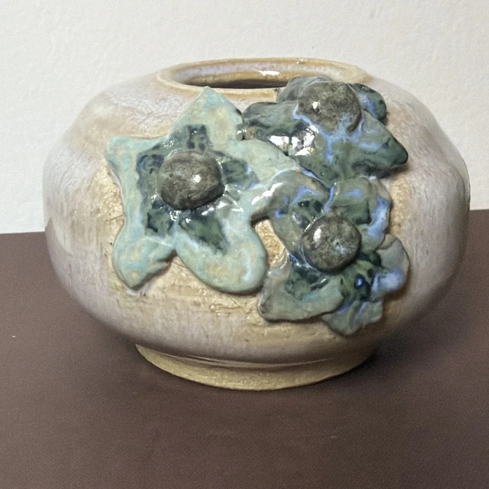 Handmade Studio Art Pottery Squat Vase Sculpted Applied Flowers Wabi Sabi Vessel